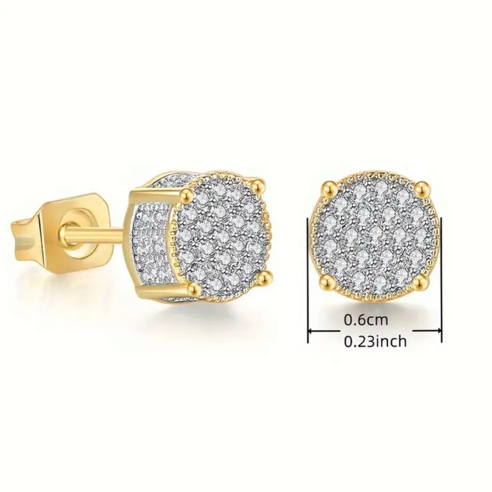 Gold Plated Round Pavé Stud Earrings with Clear CZ’s. New. - Picture 3 of 11